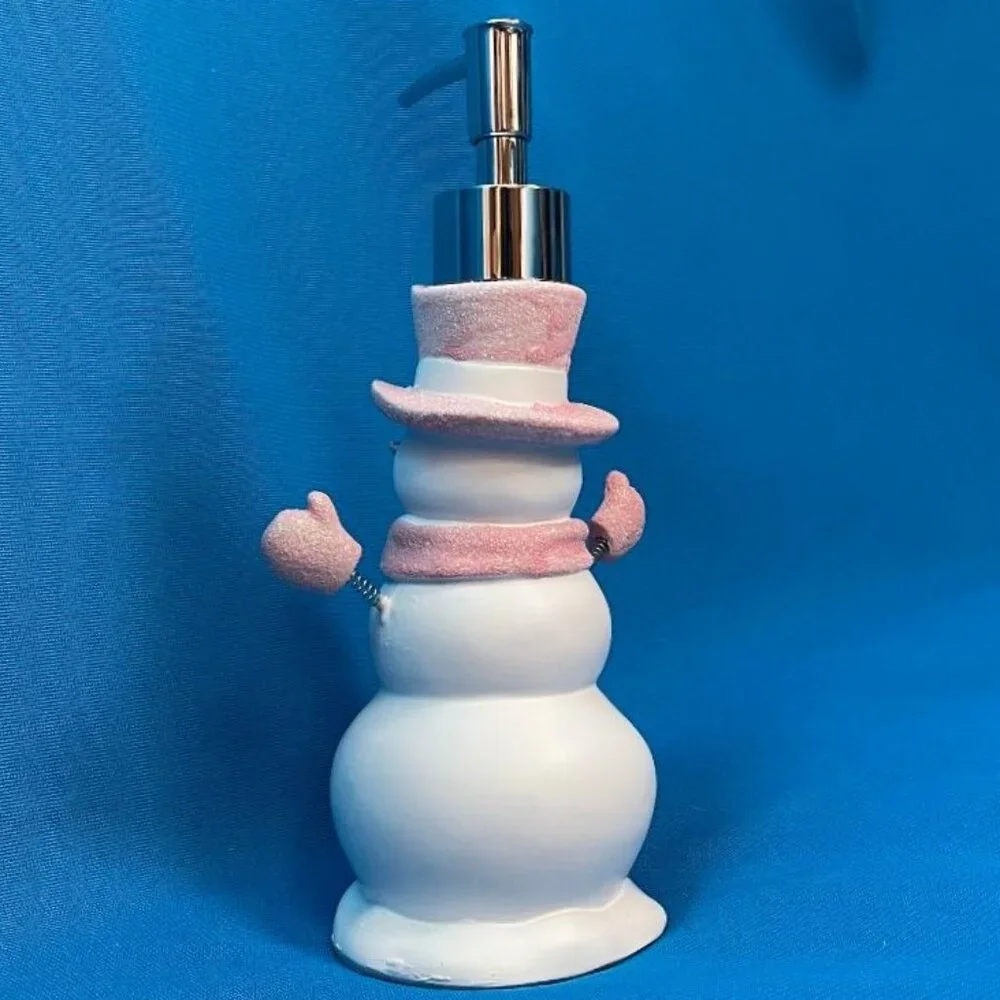 NEW ADORABLE SNOWMAN SOAP / LOTION PUMP DISPENSER WHITE & PINK GLITTER SPARKLE
